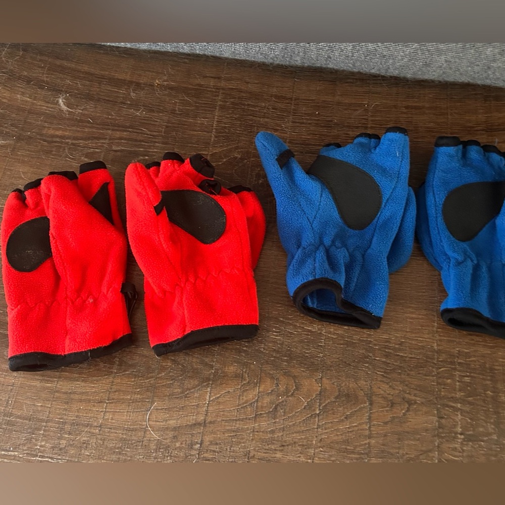 Kids Red and Blue convertible Fingerless mittens/ gloves - 2 pairs